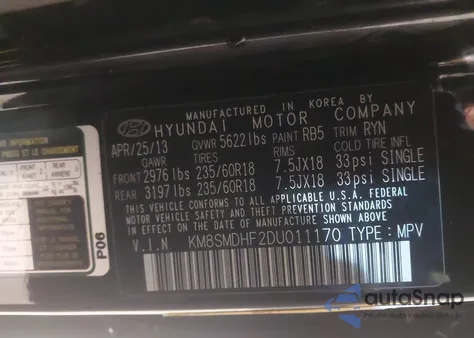 2013 Hyundai Santa Fe Gls from USA, damaged, VIN KM8SMDHF2DU011170